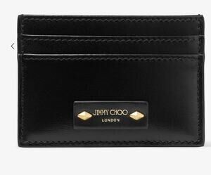Jimmy Choo Umika Black Leather Card Holder Gold Diamond Studs Italy Designer